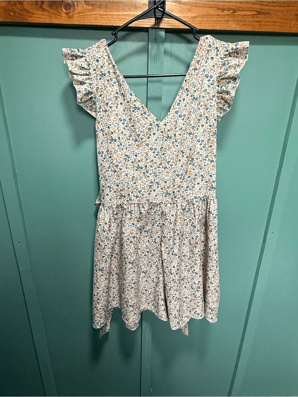 SHEIN Cream Romper with Blue and Tan Floral Pattern